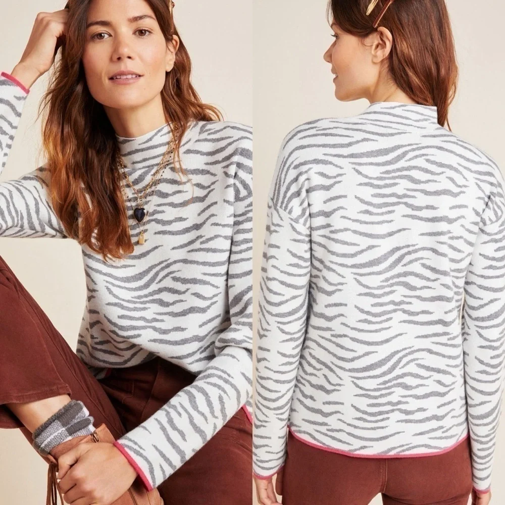 Anthropologie Lizzie Mock Neck Sweater Grey Zebra Size Extra Small Petite